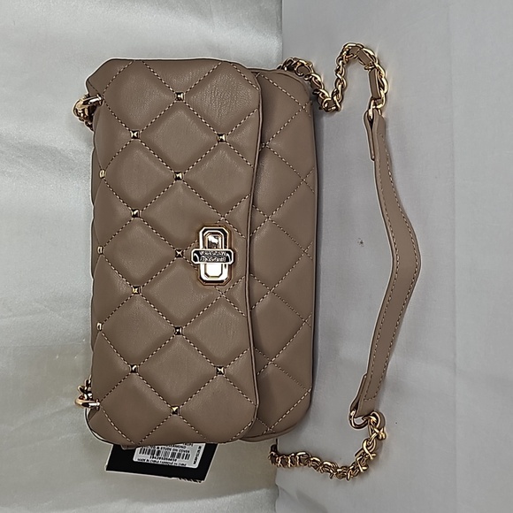 Badgley Mischka Crossbody Diamond Quilted Studded Taupe gold chain NWT